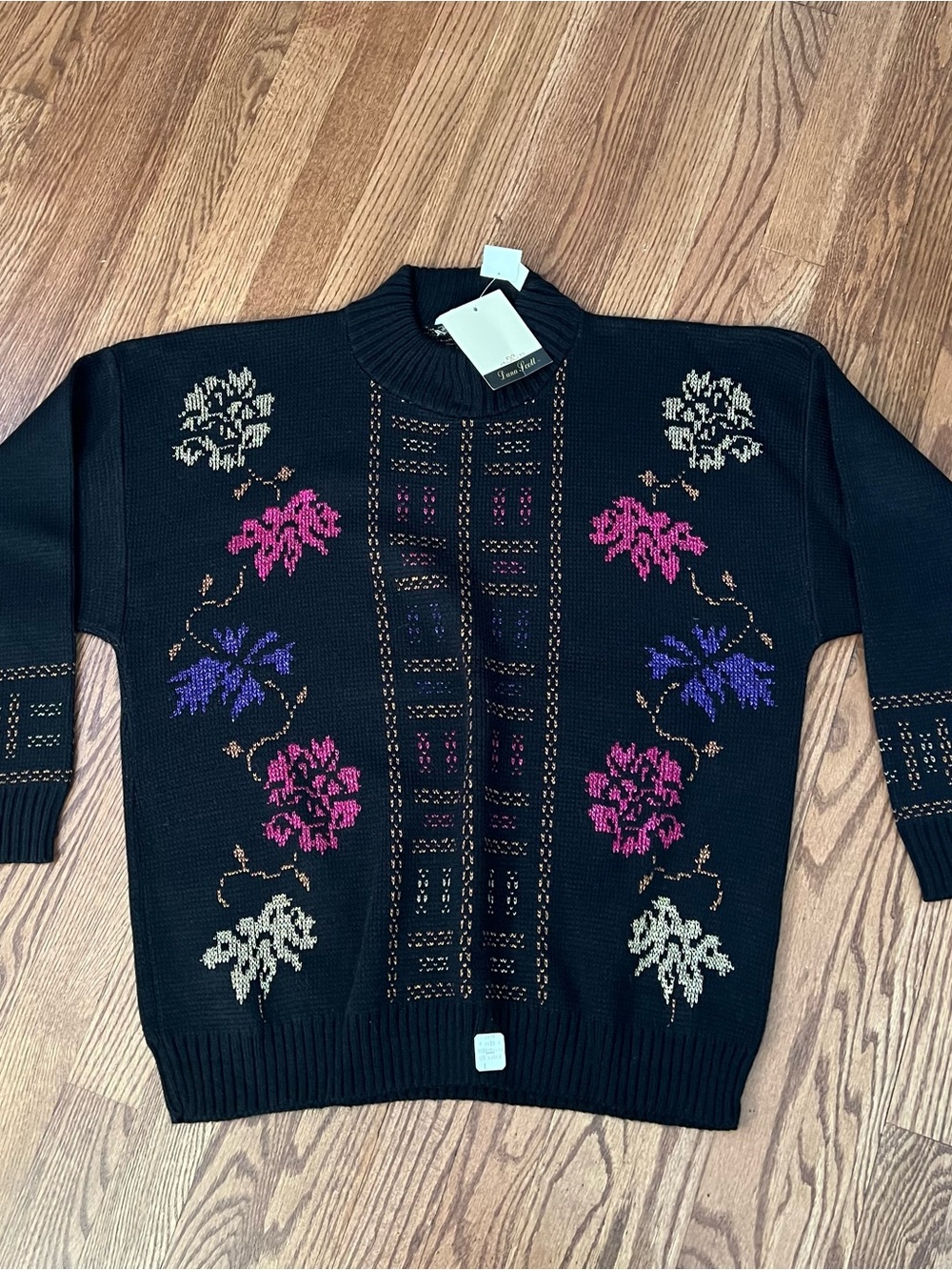 Floral Dana Scott Knit Mock Neck Glitterknit Sweater - Black with Pink & Purple